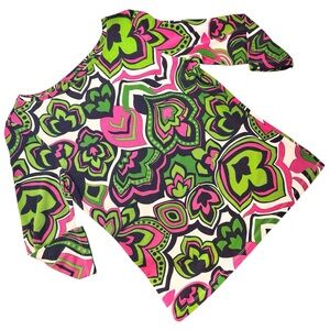 Talbots Magenta and Green Cotton Blend Stretch Abstract Leaf Print Top